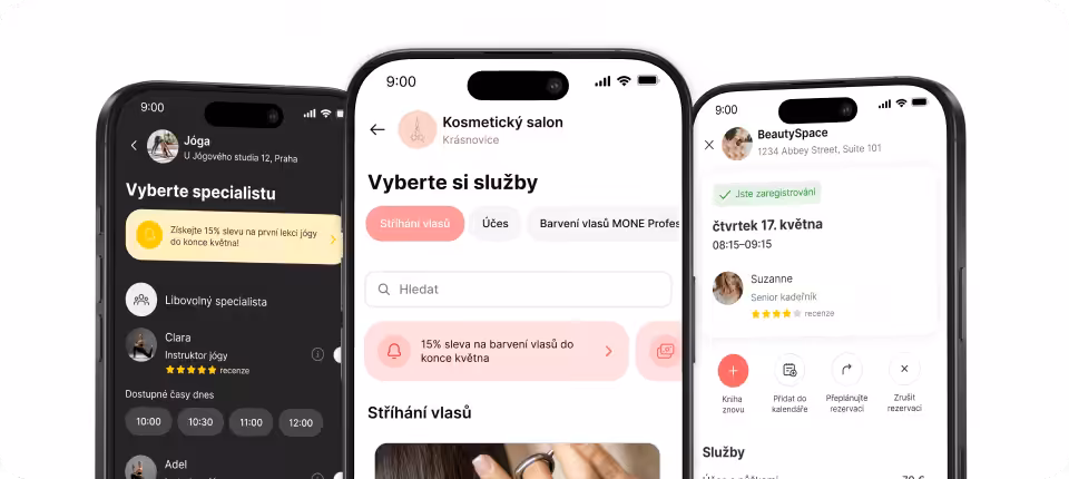 Koláž tří smartphonů zobrazující aplikaci pro kosmetické služby: výběr služeb, rezervace stříhání vlasů a naplánování data a času (Beauty Space).