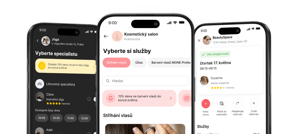 Koláž tří smartphonů zobrazující aplikaci pro kosmetické služby: výběr služeb, rezervace stříhání vlasů a naplánování data a času (Beauty Space).