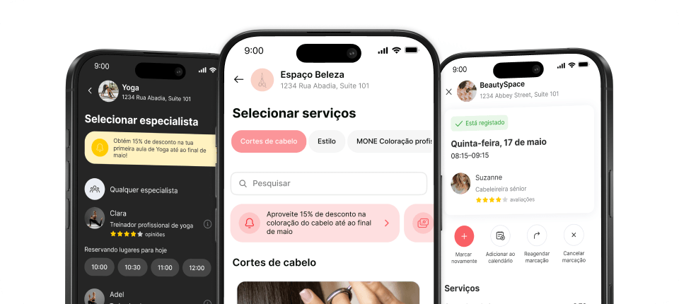 Colagem de três smartphones mostrando um aplicativo de serviços de beleza: seleção de serviços, agendamento de cortes de cabelo e definição de data e horário (Beauty Space).