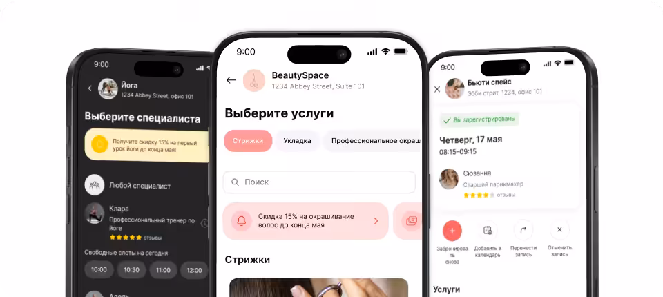 Kolaż przedstawiający trzy smartfony z aplikacją do usług kosmetycznych: wybór usług, rezerwacja strzyżenia oraz ustalanie daty i godziny (Beauty Space).