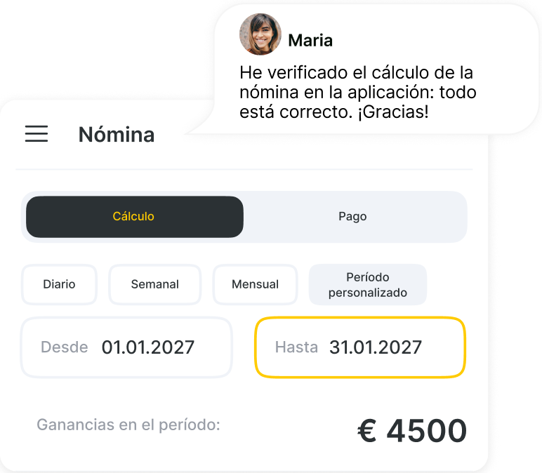 Aplicación de nóminas: pestaña «Cálculo» activa; periodo del 01/01/2027 al 31/01/2027; ingresos: 4.500 €; burbuja de chat de María.