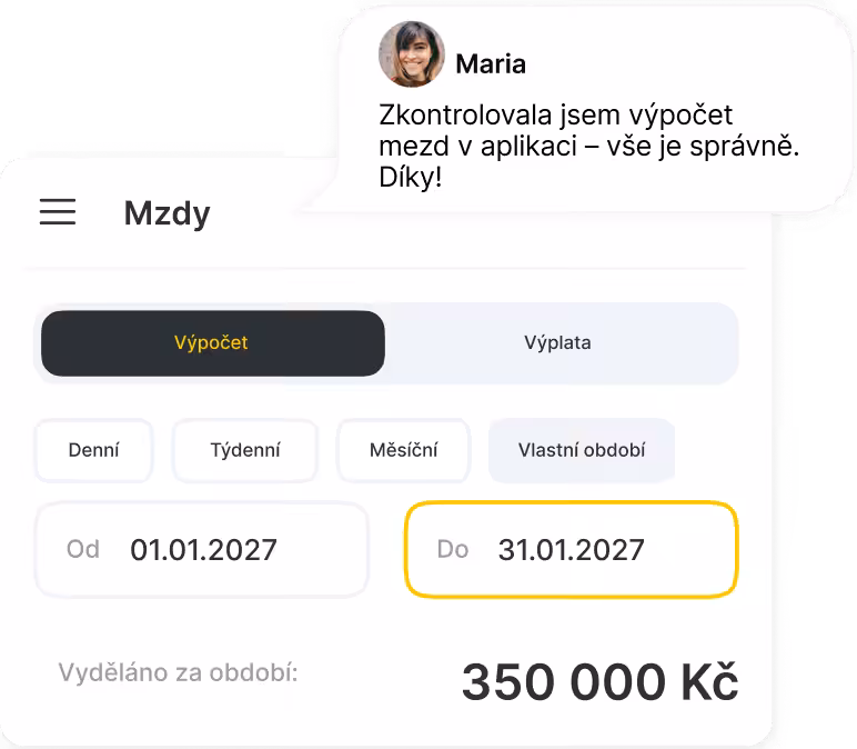 Aplikace pro mzdy: Aktivní záložka „Výpočet“; období 01.01.2027–31.01.2027; výdělek 4 500 €; Mariina konverzační bublina.