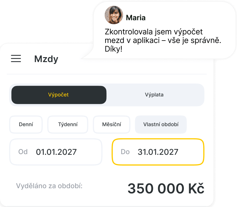 Aplikace pro mzdy: Aktivní záložka „Výpočet“; období 01.01.2027–31.01.2027; výdělek 4 500 €; Mariina konverzační bublina.