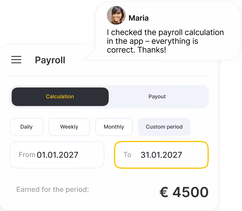 Payroll app: Calculation tab active; period 01.01.2027–31.01.2027; earnings €4,500; Maria's chat bubble.