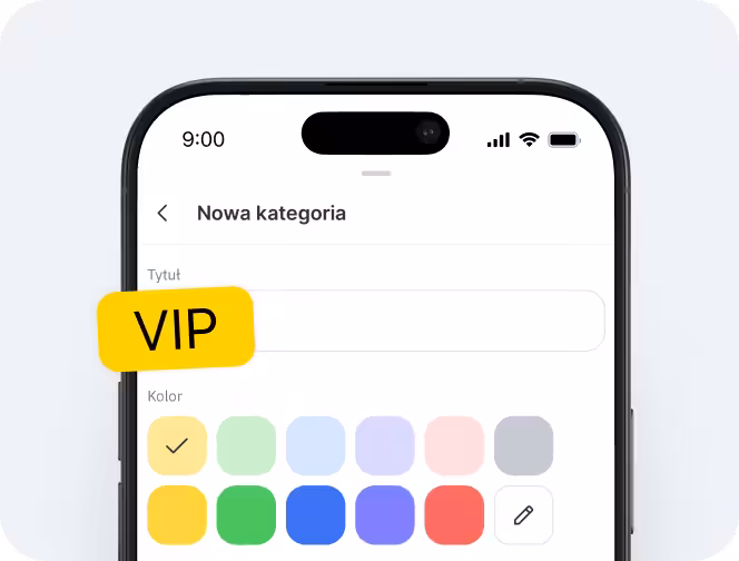 Ekran urządzenia mobilnego przedstawiający formularz służący do utworzenia nowej kategorii o nazwie „vip”; próbki kolorów poniżej – kolor żółty jest zaznaczony haczykiem, a po prawej stronie pojawia się ikona ołówka do edycji | altegio