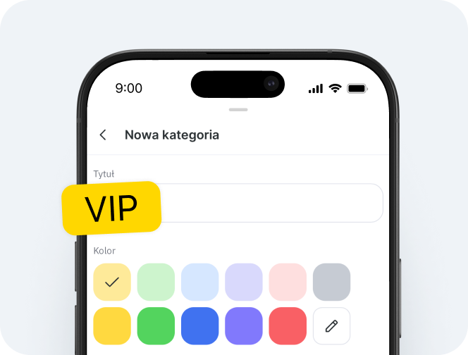 Ekran urządzenia mobilnego przedstawiający formularz służący do utworzenia nowej kategorii o nazwie „vip”; próbki kolorów poniżej koloru żółtego są zaznaczone haczykiem, a po prawej stronie pojawia się ikona ołówka służąca do edycji | altegio | altegio
