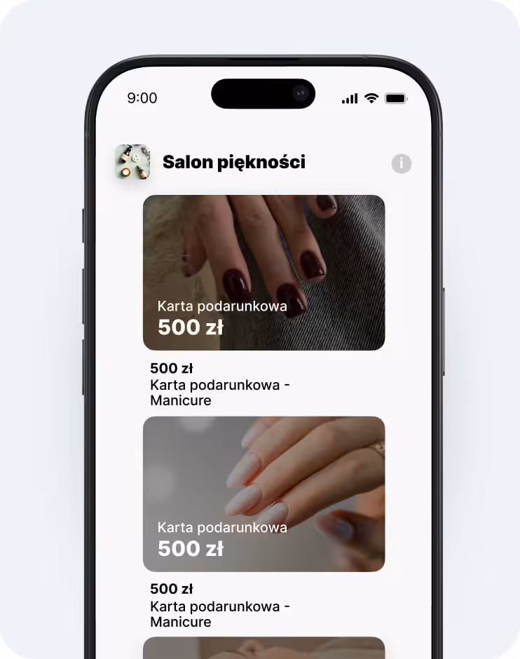 Ekran aplikacji mobilnej poświęconej kosmetykom, przedstawiający dwie zaokrąglone karty podarunkowe: kartę podarunkową o wartości 100 € oraz kartę członkowską o wartości 50 € | altegio