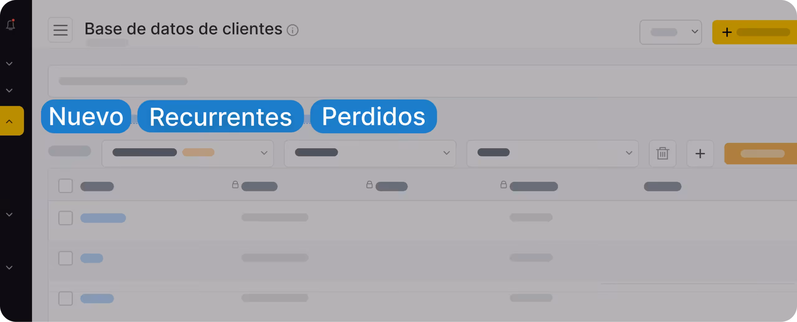 Cabecera del panel de control de CRM «base de datos de clientes» con tres iconos azules etiquetados como «nuevo», «recurrente» y «perdido» en una interfaz gris | altegio | altegio