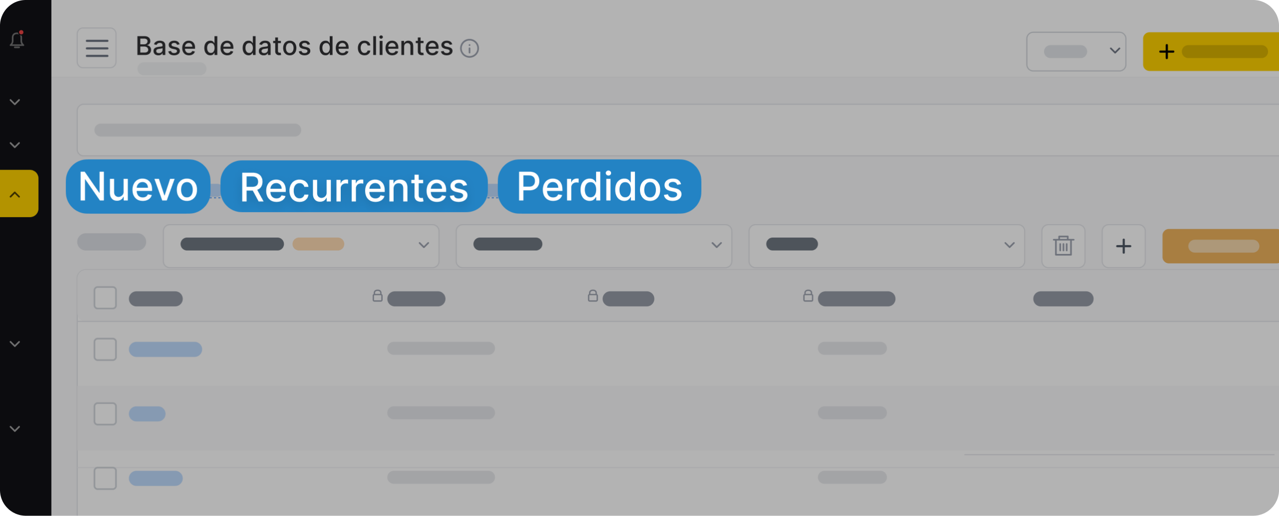 Cabecera del panel de control de CRM «base de datos de clientes» con tres iconos azules etiquetados como «nuevo», «recurrente» y «perdido» en una interfaz gris | altegio | altegio