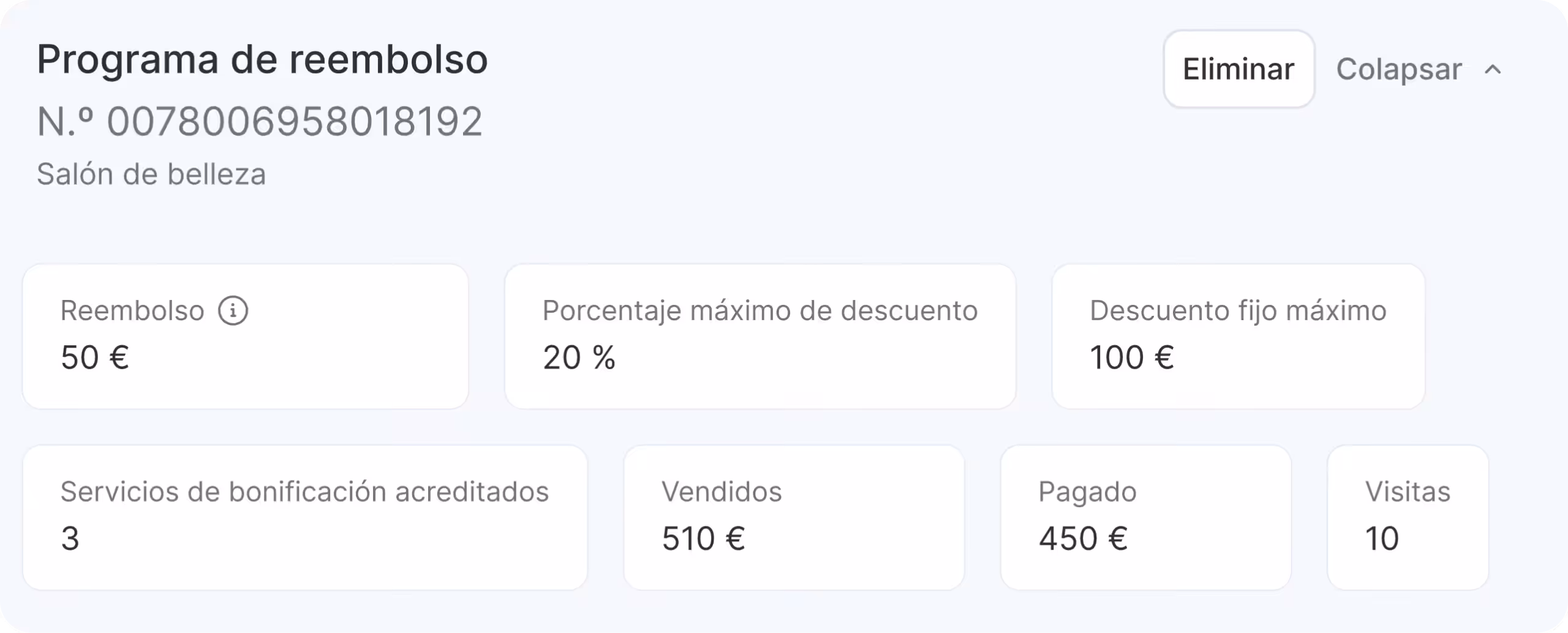 Panel de control del programa de reembolsos para salones de belleza con métricas: reembolso de 15 €, descuento máximo de 20, descuento fijo máximo de 100 €, servicios extra abonados: 3 vendidos, 510 € pagados, 45 visitas, 10 | altegio | altegio