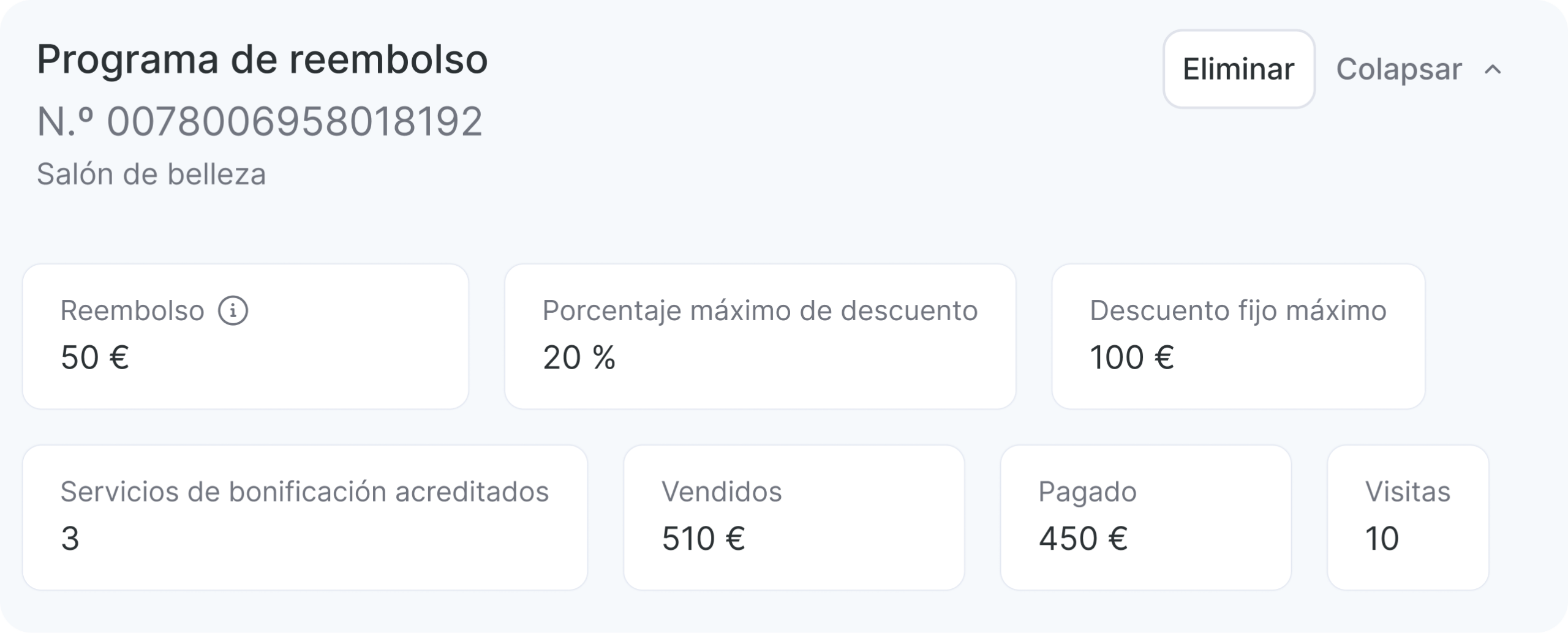 Panel de control del programa de reembolsos para salones de belleza con métricas: reembolso de 15 €, descuento máximo de 20, descuento fijo máximo de 100 €, servicios extra abonados: 3 vendidos, 510 € pagados, 45 visitas, 10 | altegio | altegio