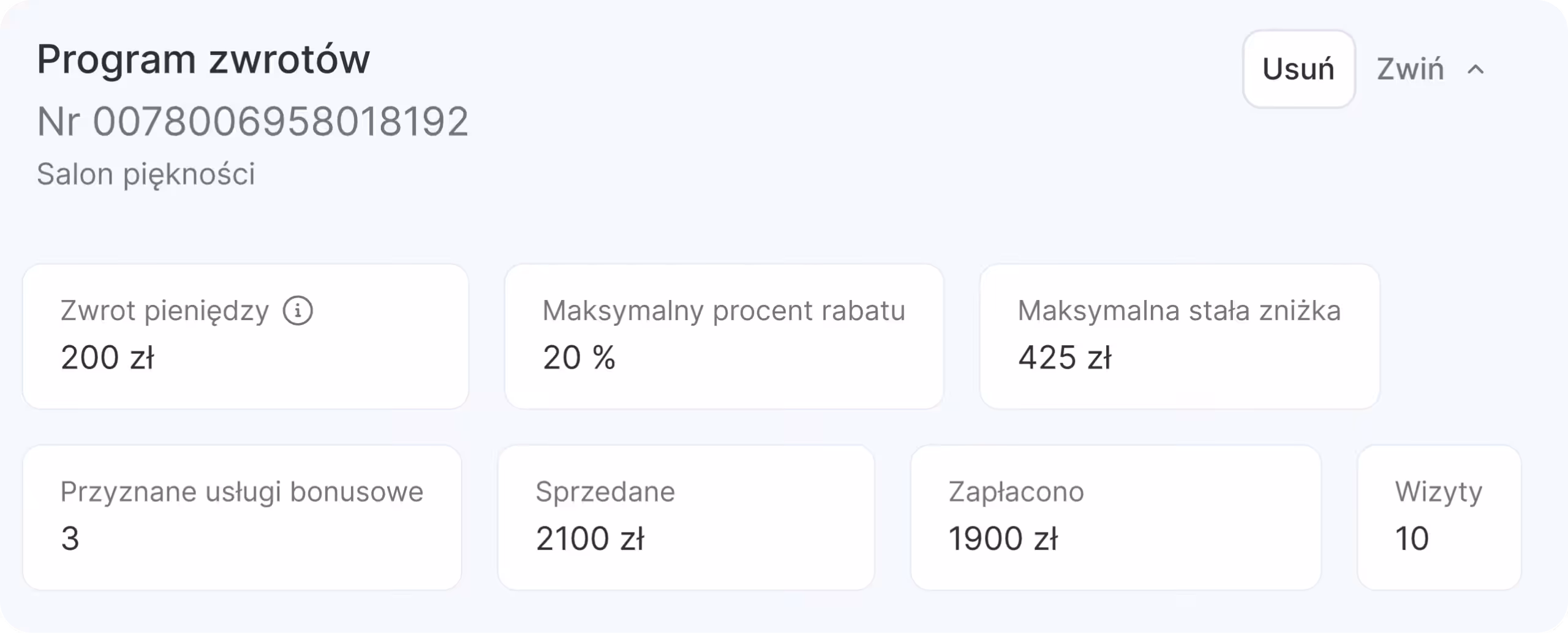 Panel programu cashback dla salonu kosmetycznego wraz ze wskaźnikami: zwrot gotówki 15 €, maksymalna zniżka 20 €, maksymalna stała zniżka 100 €, usługi bonusowe przyznane 3, sprzedane 510 €, wypłacone 45 €, wizyty 10 | altegio