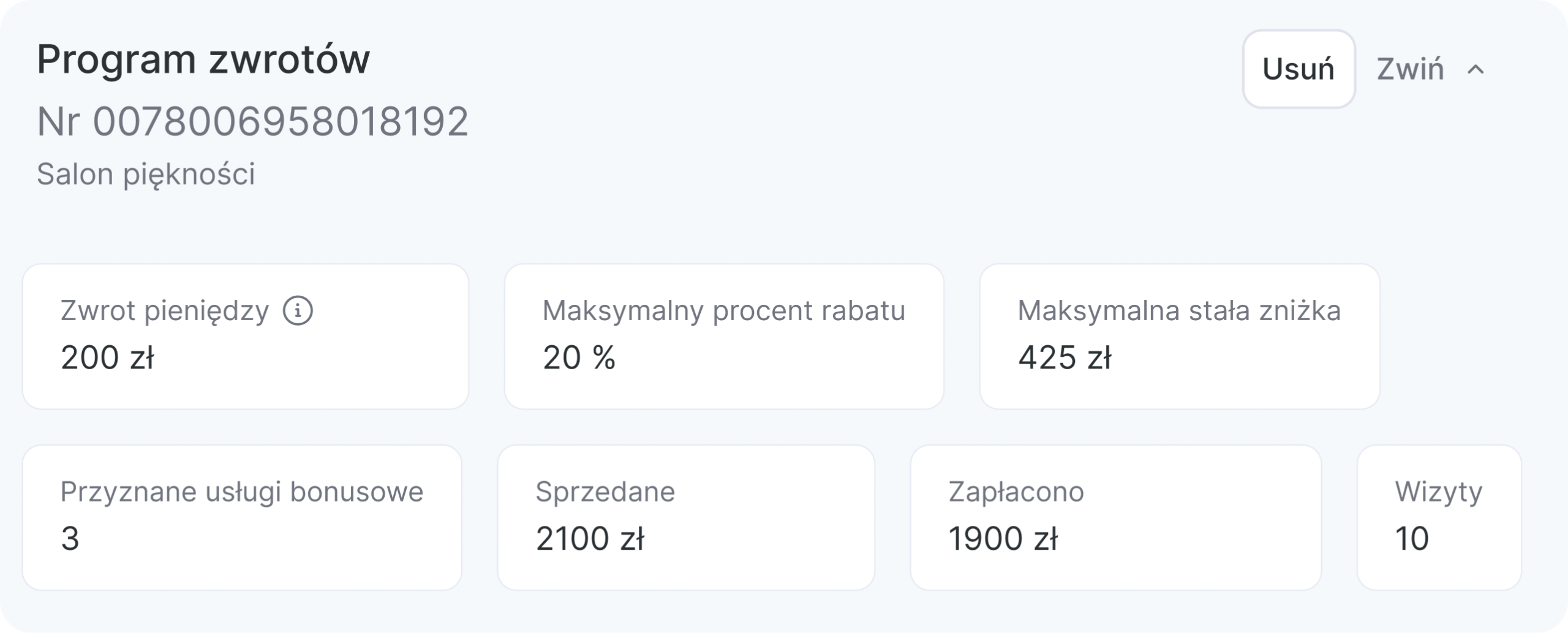 Panel programu cashback dla salonu kosmetycznego wraz ze wskaźnikami: zwrot gotówki 15 €, maksymalna zniżka 20 €, maksymalna stała zniżka 100 €, usługi bonusowe przyznane 3, sprzedane 510 €, wypłacone 45 €, wizyty 10 | altegio | altegio