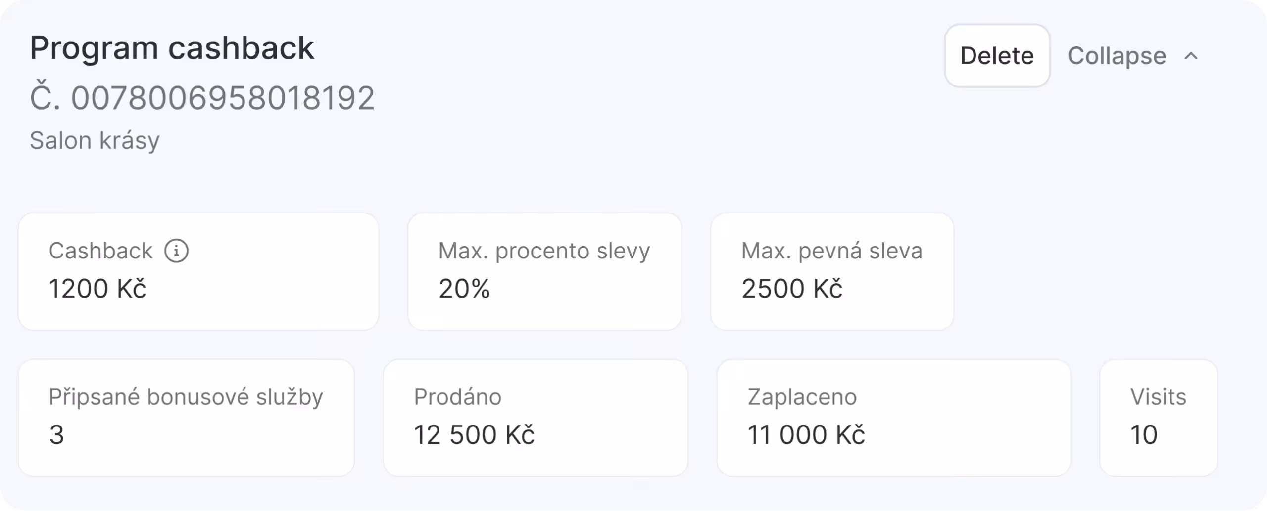 Přehledový panel programu cashback pro kosmetický salón s ukazateli: cashback 15 €, maximální sleva 20 €, maximální pevná sleva 100 €, připsané bonusové služby 3 prodané, vyplaceno 510 €, 45 návštěv, 10 | altegio | altegio
