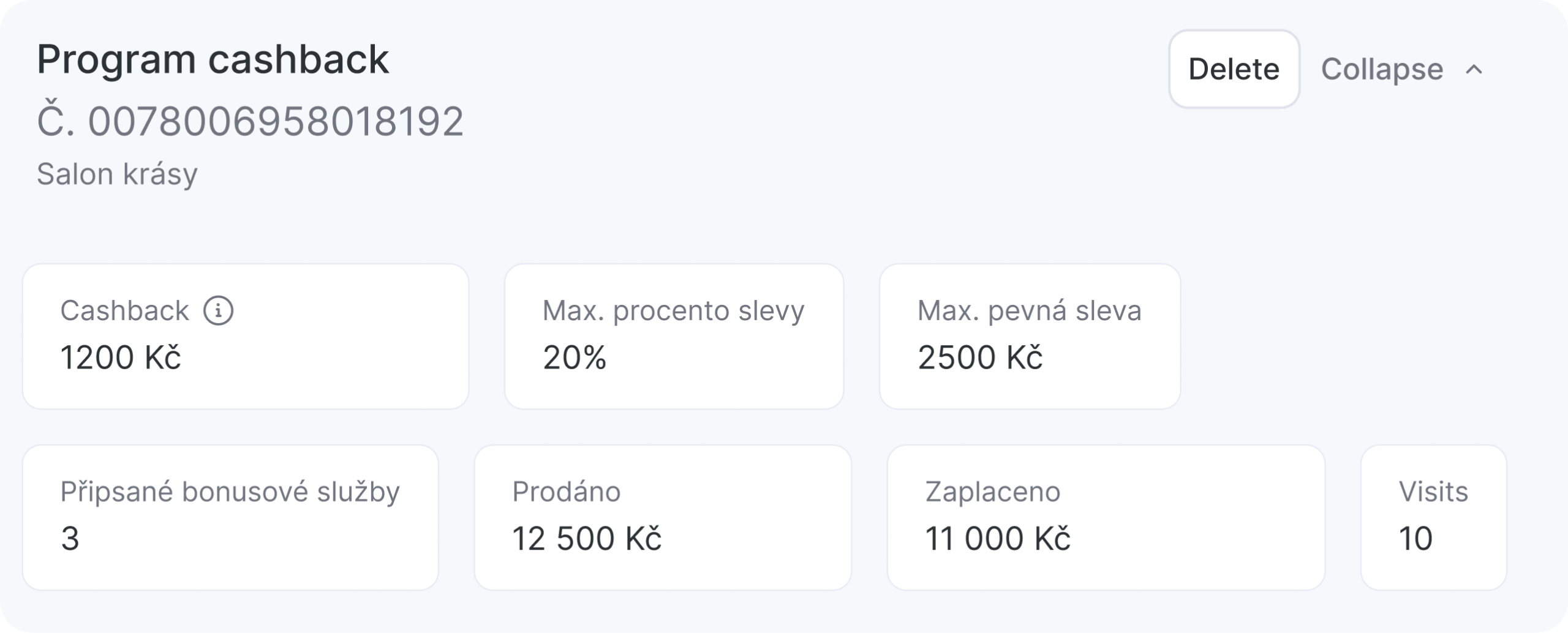 Přehledový panel programu cashback pro kosmetický salón s ukazateli: cashback 15 €, maximální sleva 20 €, maximální pevná sleva 100 €, připsané bonusové služby 3 prodané, vyplaceno 510 €, 45 návštěv, 10 | altegio | altegio
