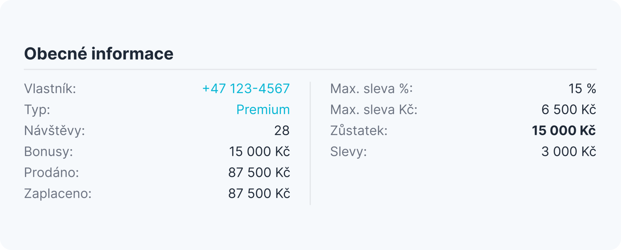 přehledové okno prémiový účet 28 návštěv bonusy 580 € zůstatek 58 000 € slevy 12 750 € | altegio | altegio