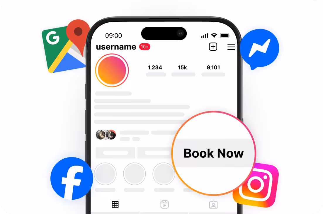 Smartphone displaying a social profile mockup with a prominent 'Book Now' CTA circle and floating icons for Facebook, Messenger, Instagram, and Maps.