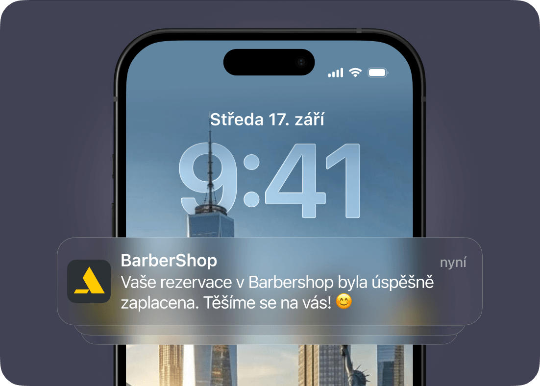 Push notification from BarberShop on a phone confirming that the appointment payment was successful and inviting the user to attend.