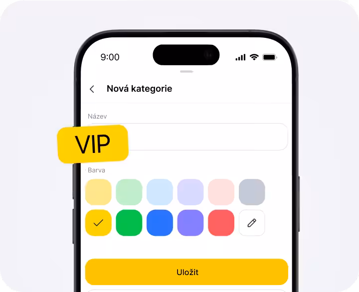 Smartphone screen showing a form labeled 'New category' with color swatches and a yellow VIP badge overlapping the left edge.