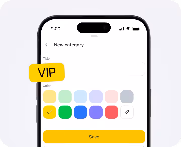 Smartphone screen showing a form labeled 'New category' with color swatches and a yellow VIP badge overlapping the left edge.