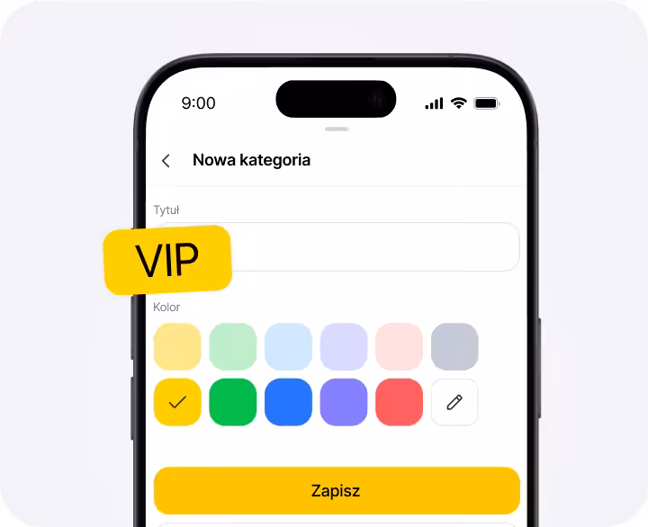 Smartphone screen showing a form labeled 'New category' with color swatches and a yellow VIP badge overlapping the left edge.