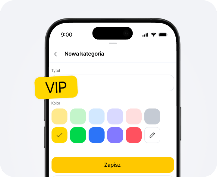 Smartphone screen showing a form labeled 'New category' with color swatches and a yellow VIP badge overlapping the left edge.