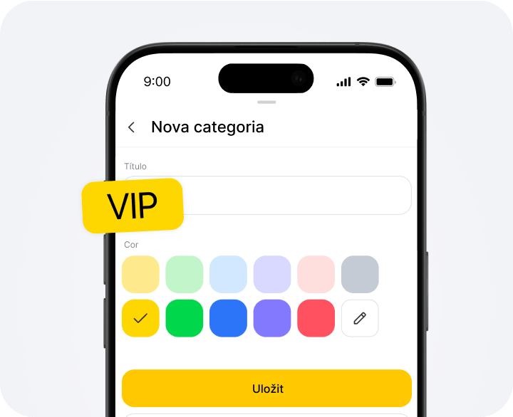 Smartphone screen showing a form labeled 'New category' with color swatches and a yellow VIP badge overlapping the left edge.