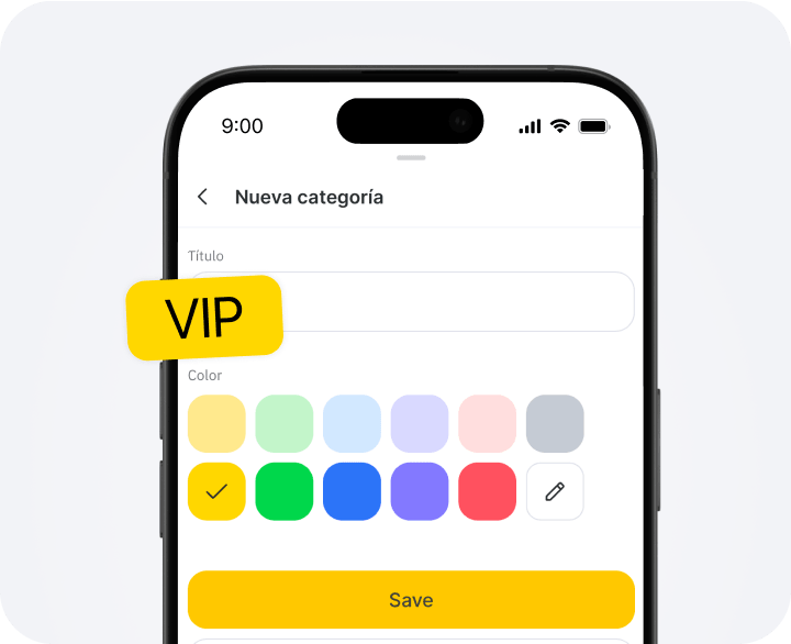 Smartphone screen showing a form labeled 'New category' with color swatches and a yellow VIP badge overlapping the left edge.
