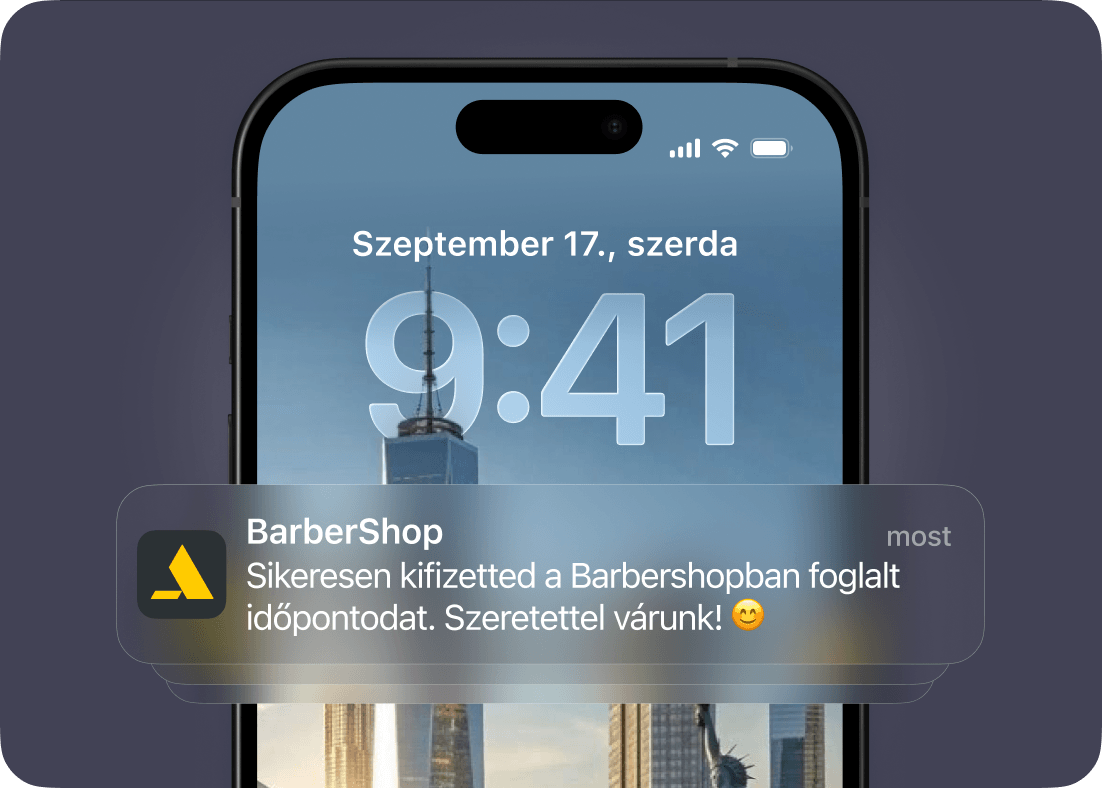 Push notification from BarberShop on a phone confirming that the appointment payment was successful and inviting the user to attend.