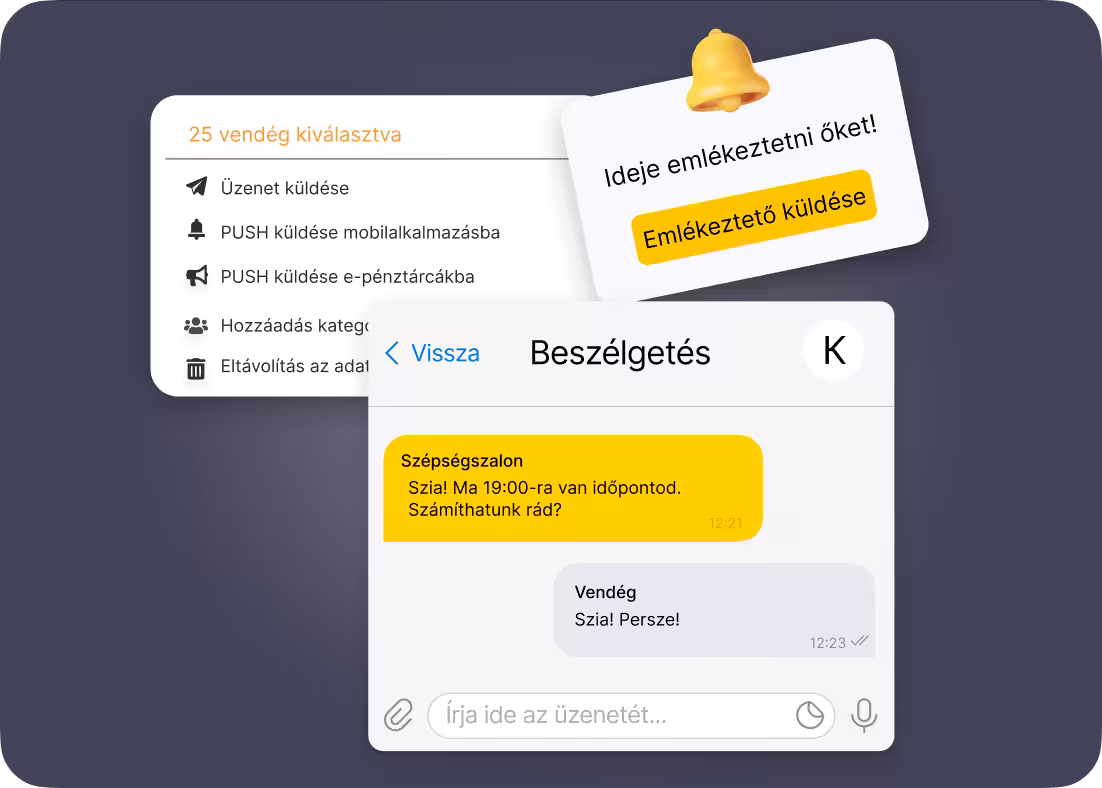 UI showing 25 clients selected with action list: Send message, Send PUSH to mobile app, Send PUSH to e-wallets, Add to category, Remove from data; a floating reminder card reading 'Time to remind them! Send reminder' with a bell; and an overlapping chat with a client showing yellow and gray message bubbles
