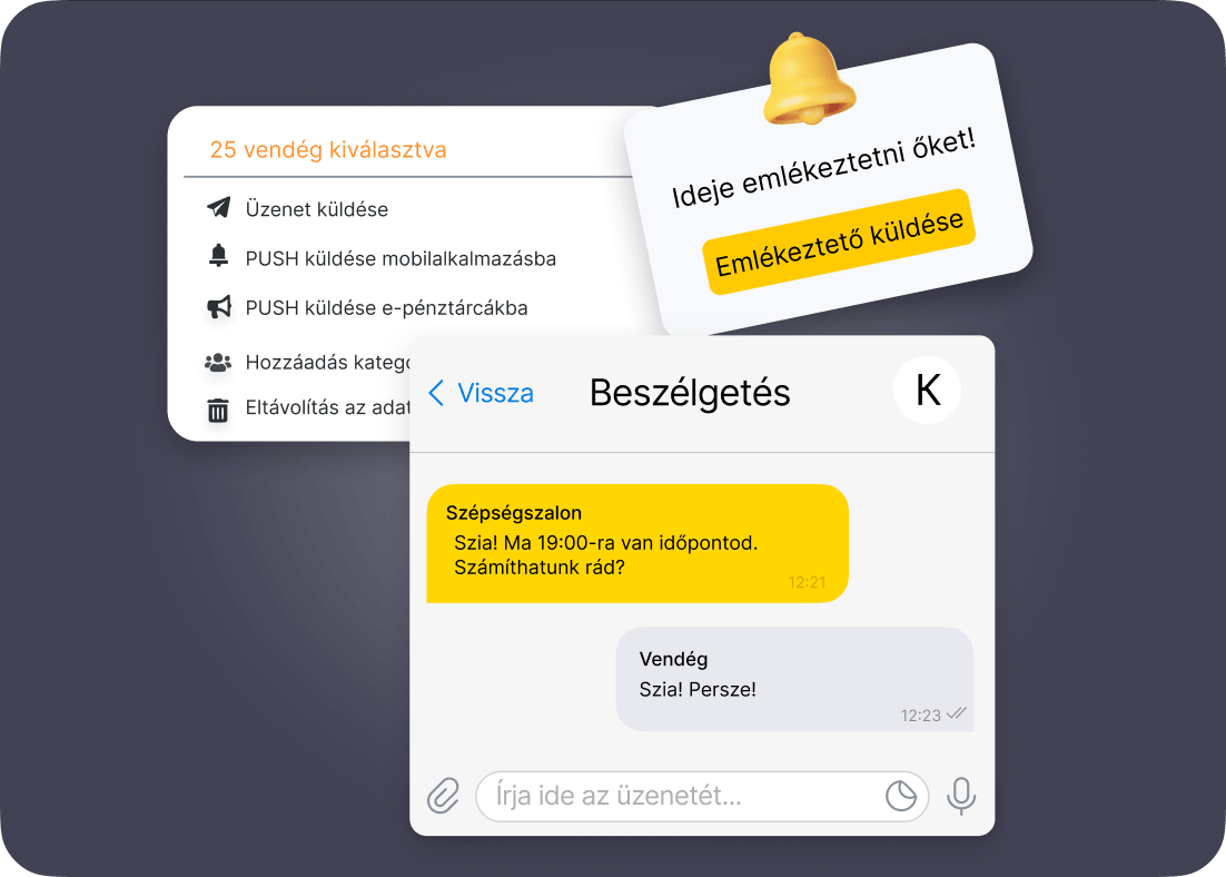 UI showing 25 clients selected with action list: Send message, Send PUSH to mobile app, Send PUSH to e-wallets, Add to category, Remove from data; a floating reminder card reading 'Time to remind them! Send reminder' with a bell; and an overlapping chat with a client showing yellow and gray message bubbles