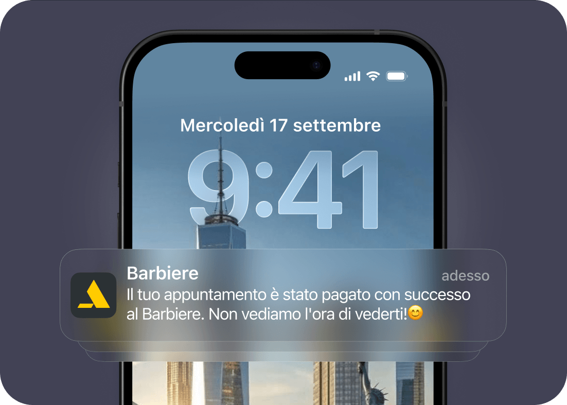 Push notification from BarberShop on a phone confirming that the appointment payment was successful and inviting the user to attend.