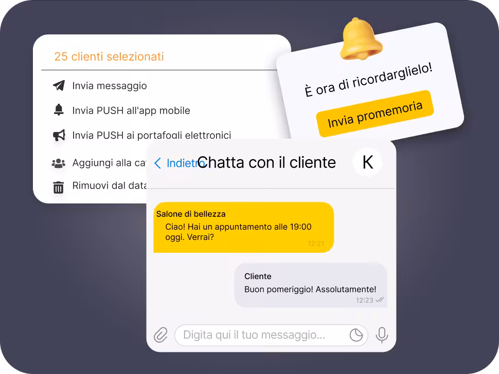 UI showing 25 clients selected with action list: Send message, Send PUSH to mobile app, Send PUSH to e-wallets, Add to category, Remove from data; a floating reminder card reading 'Time to remind them! Send reminder' with a bell; and an overlapping chat with a client showing yellow and gray message bubbles