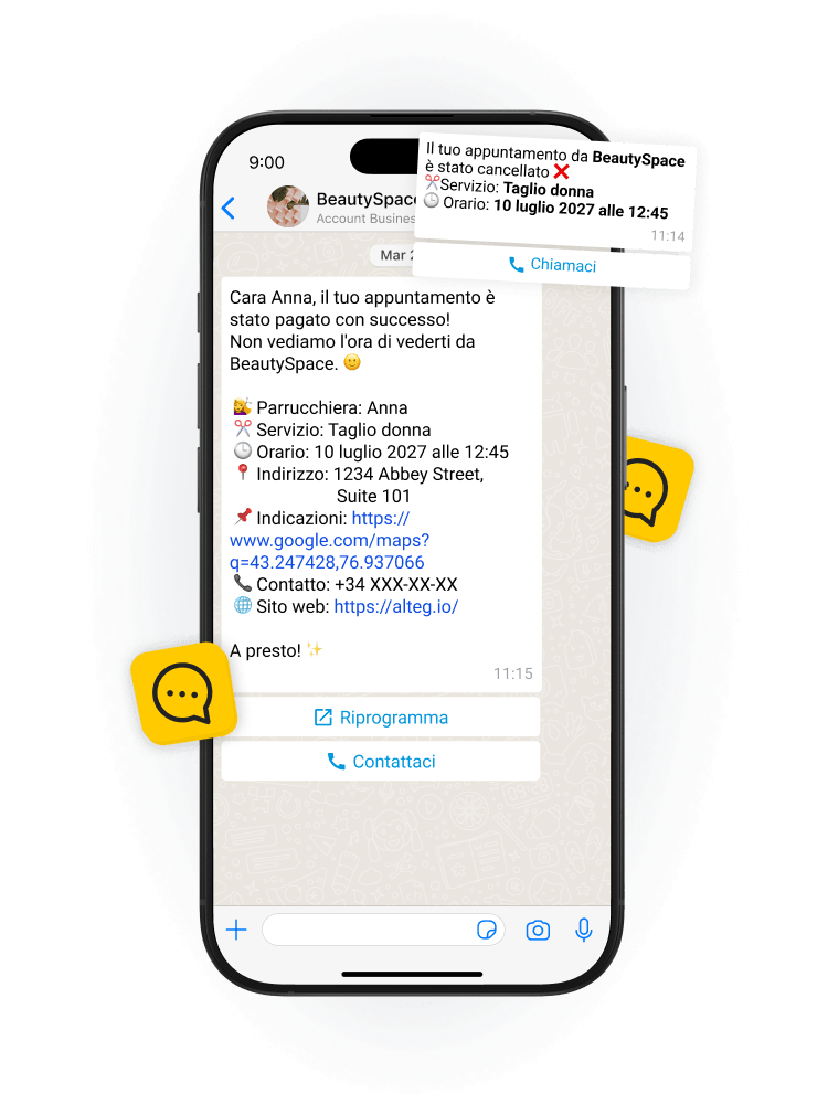 Smartphone screen displaying a BeautySpace appointment message with service, time, address, and reschedule option.