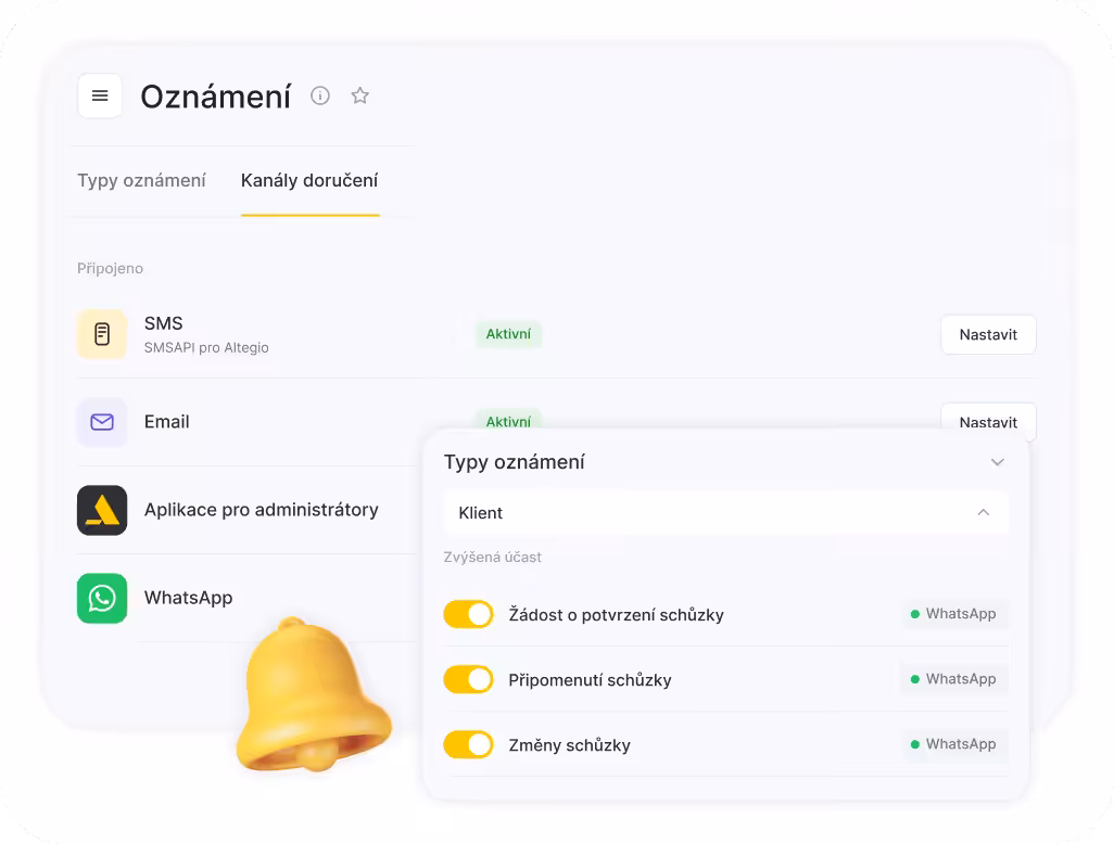 Notifications settings screen showing Delivery channels: SMS, Email, Admin App, WhatsApp with Active status and Set up buttons; floating panel lists appointment confirmations, reminders, and changes with toggles
