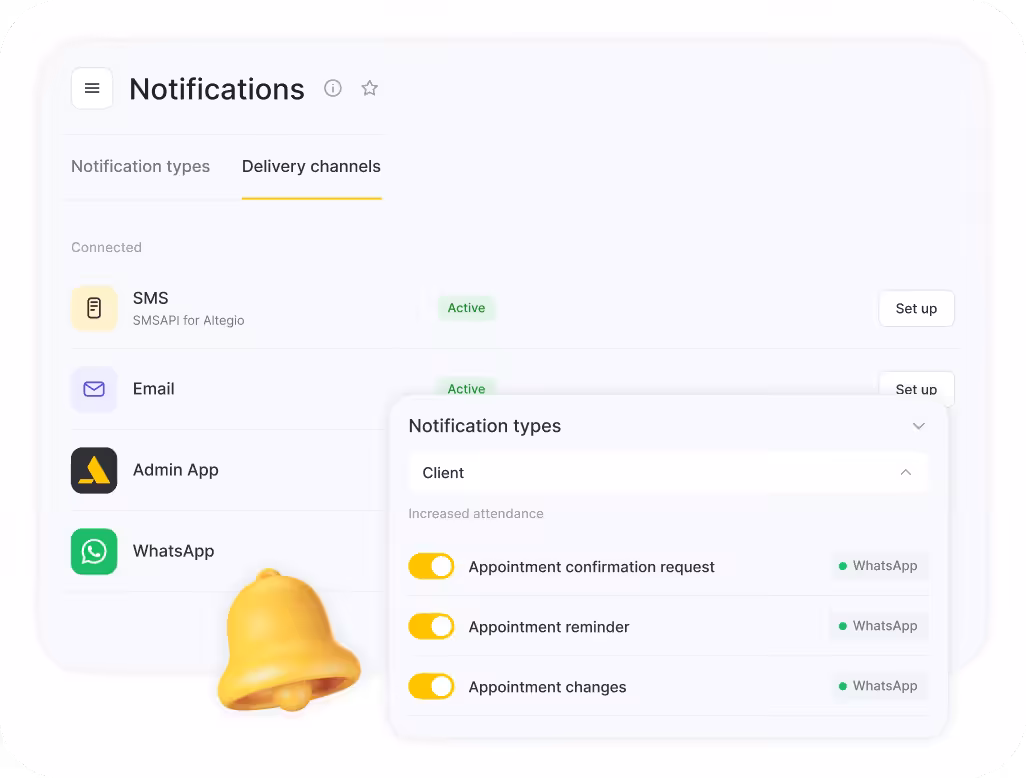 Notifications settings screen showing Delivery channels: SMS, Email, Admin App, WhatsApp with Active status and Set up buttons; floating panel lists appointment confirmations, reminders, and changes with toggles