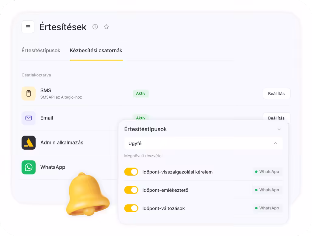Notifications settings screen showing Delivery channels: SMS, Email, Admin App, WhatsApp with Active status and Set up buttons; floating panel lists appointment confirmations, reminders, and changes with toggles