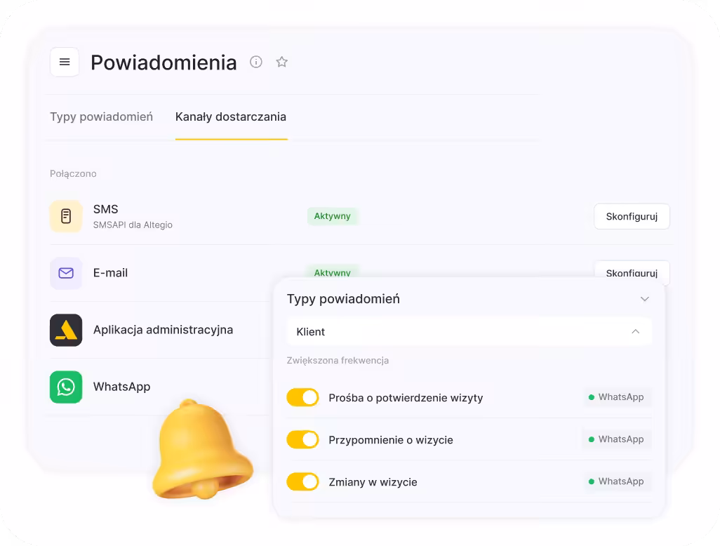 Notifications settings screen showing Delivery channels: SMS, Email, Admin App, WhatsApp with Active status and Set up buttons; floating panel lists appointment confirmations, reminders, and changes with toggles