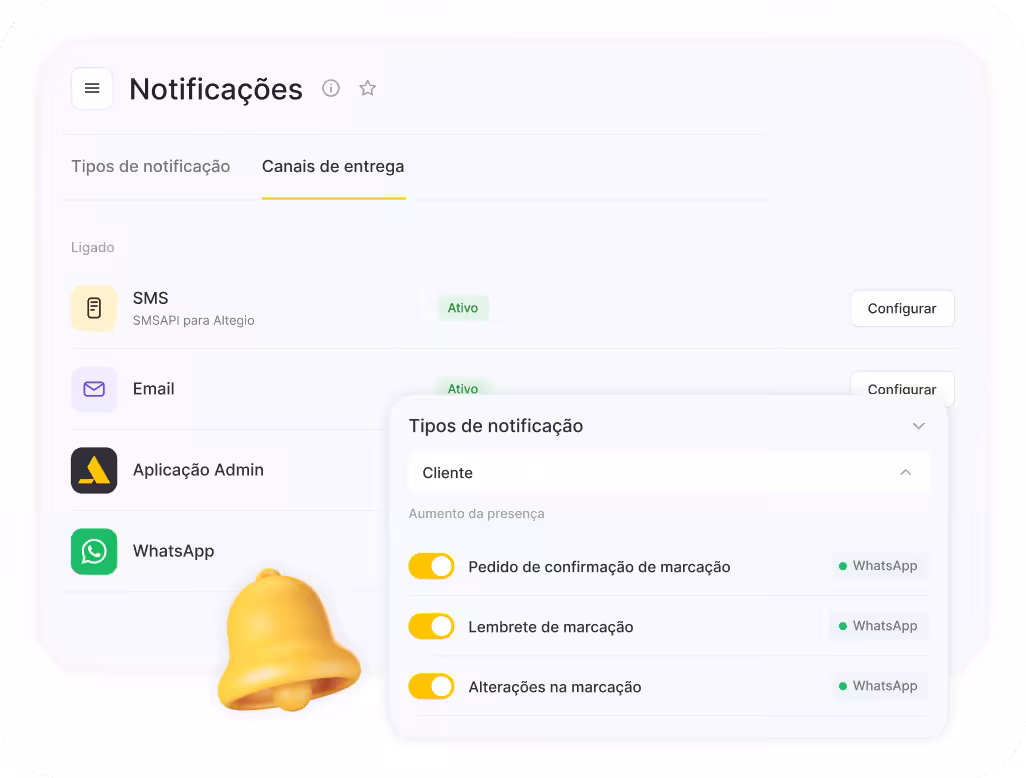 Notifications settings screen showing Delivery channels: SMS, Email, Admin App, WhatsApp with Active status and Set up buttons; floating panel lists appointment confirmations, reminders, and changes with toggles