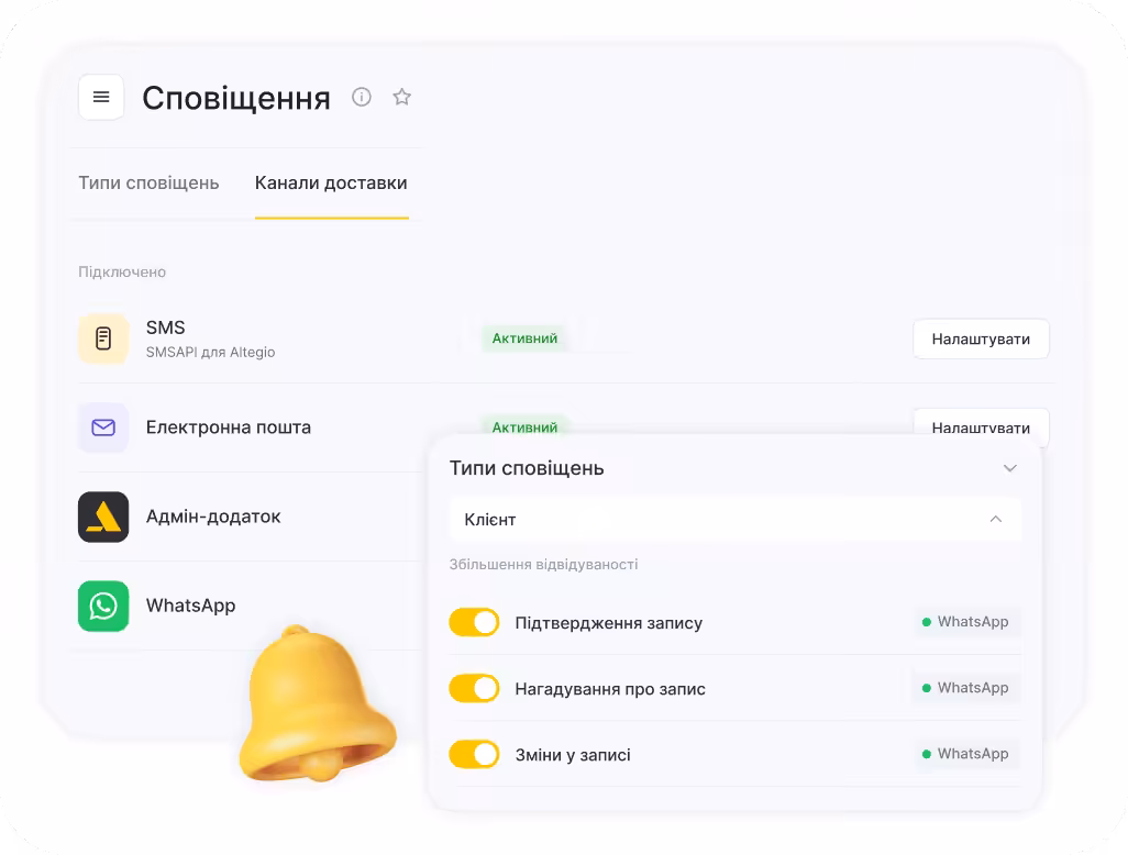 Notifications settings screen showing Delivery channels: SMS, Email, Admin App, WhatsApp with Active status and Set up buttons; floating panel lists appointment confirmations, reminders, and changes with toggles