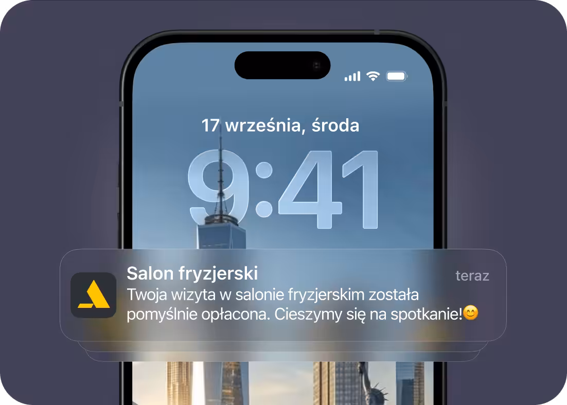 Push notification from BarberShop on a phone confirming that the appointment payment was successful and inviting the user to attend.