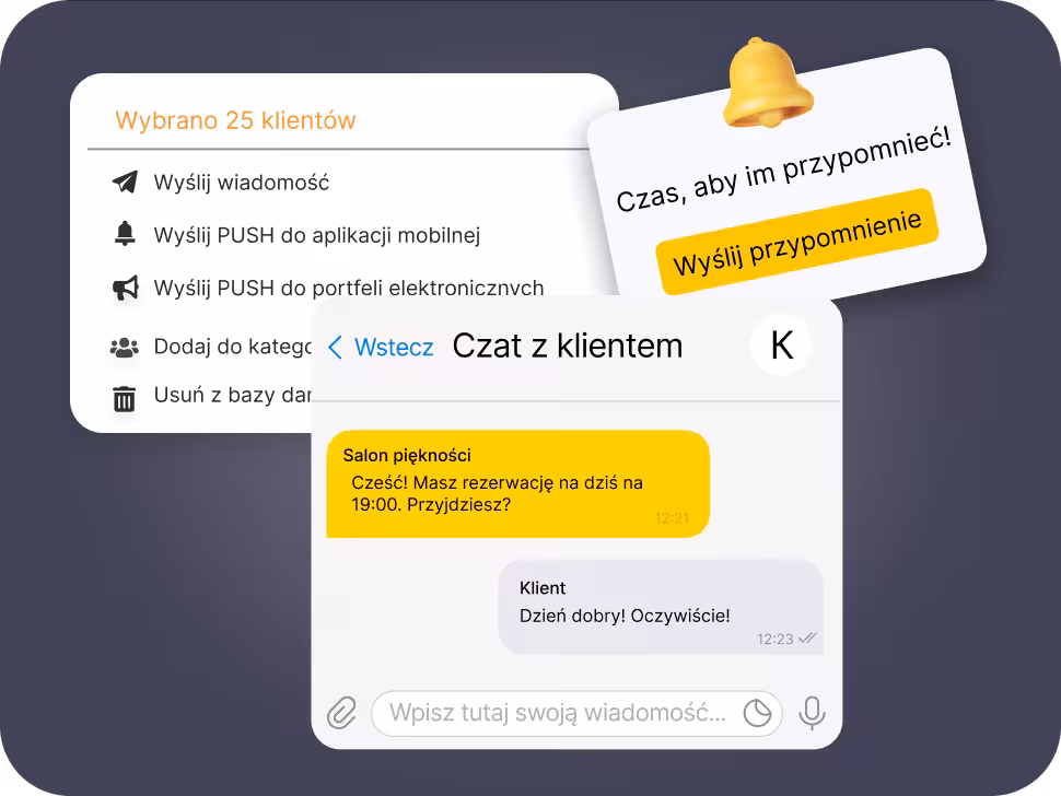 UI showing 25 clients selected with action list: Send message, Send PUSH to mobile app, Send PUSH to e-wallets, Add to category, Remove from data; a floating reminder card reading 'Time to remind them! Send reminder' with a bell; and an overlapping chat with a client showing yellow and gray message bubbles