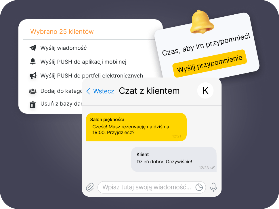 UI showing 25 clients selected with action list: Send message, Send PUSH to mobile app, Send PUSH to e-wallets, Add to category, Remove from data; a floating reminder card reading 'Time to remind them! Send reminder' with a bell; and an overlapping chat with a client showing yellow and gray message bubbles
