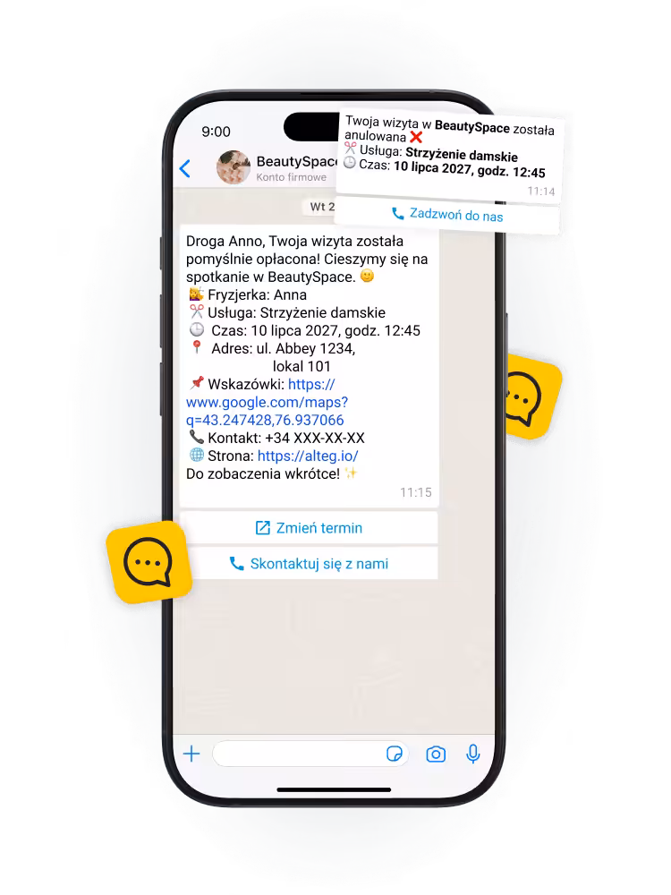 Smartphone screen displaying a BeautySpace appointment message with service, time, address, and reschedule option.