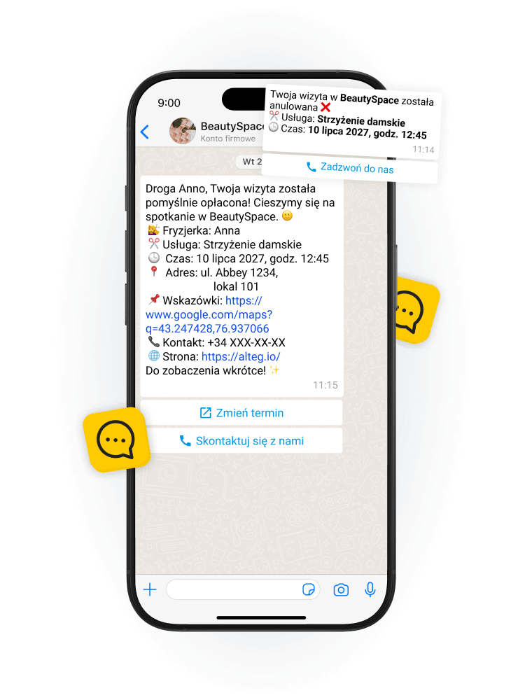 Smartphone screen displaying a BeautySpace appointment message with service, time, address, and reschedule option.