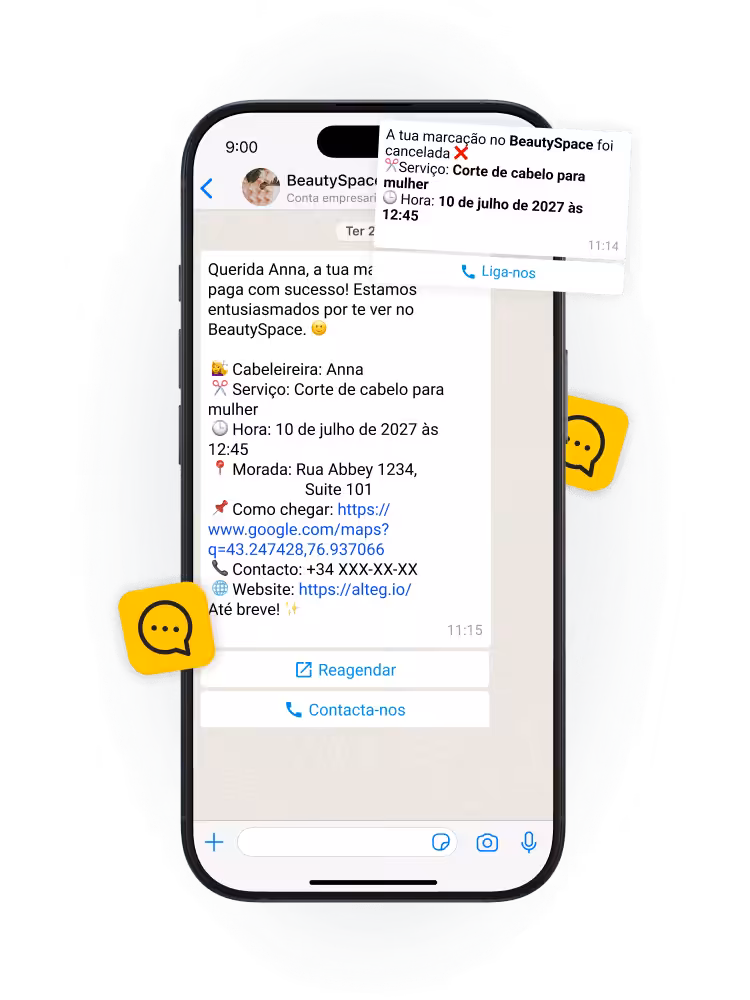 Smartphone screen displaying a BeautySpace appointment message with service, time, address, and reschedule option.