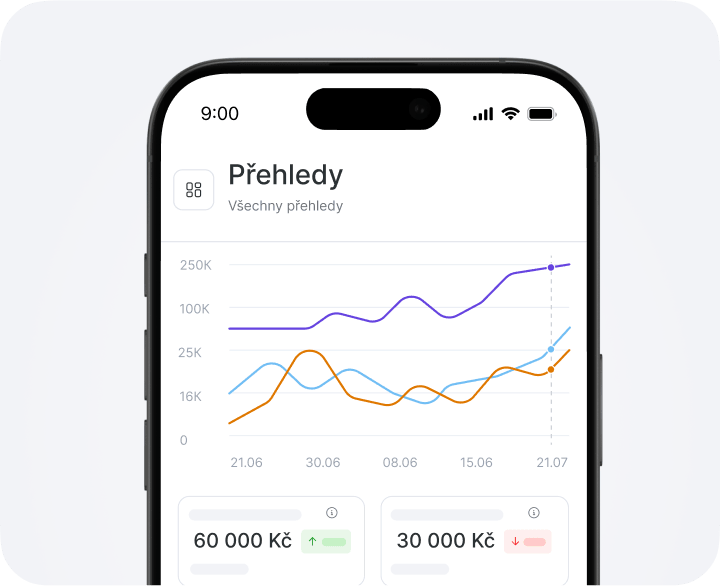 Smartphone screen showing a 'Reports' dashboard with a multi-line chart and two metric cards at the bottom displaying €2450 and €1245 on a light background.