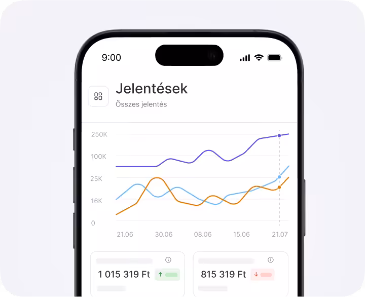 Smartphone screen showing a 'Reports' dashboard with a multi-line chart and two metric cards at the bottom displaying €2450 and €1245 on a light background.