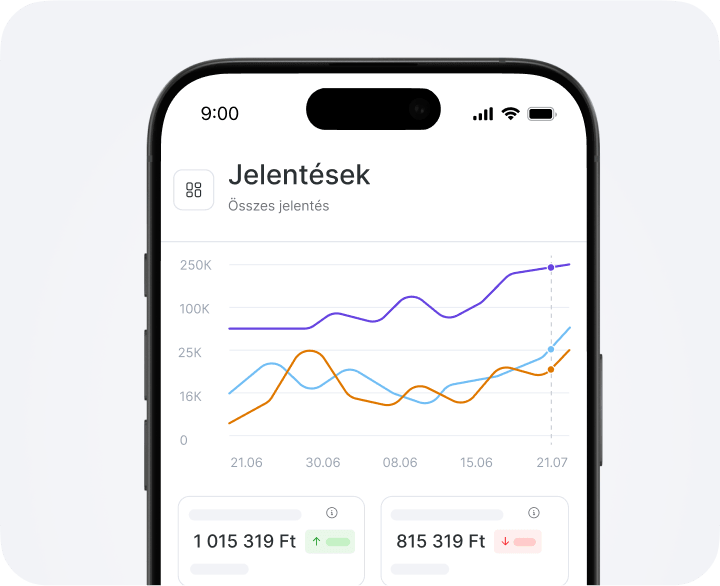 Smartphone screen showing a 'Reports' dashboard with a multi-line chart and two metric cards at the bottom displaying €2450 and €1245 on a light background.