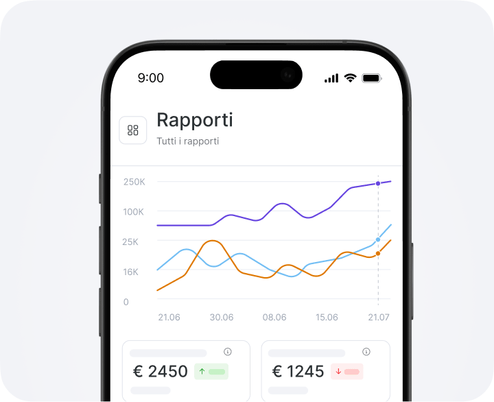 Smartphone screen showing a 'Reports' dashboard with a multi-line chart and two metric cards at the bottom displaying €2450 and €1245 on a light background.